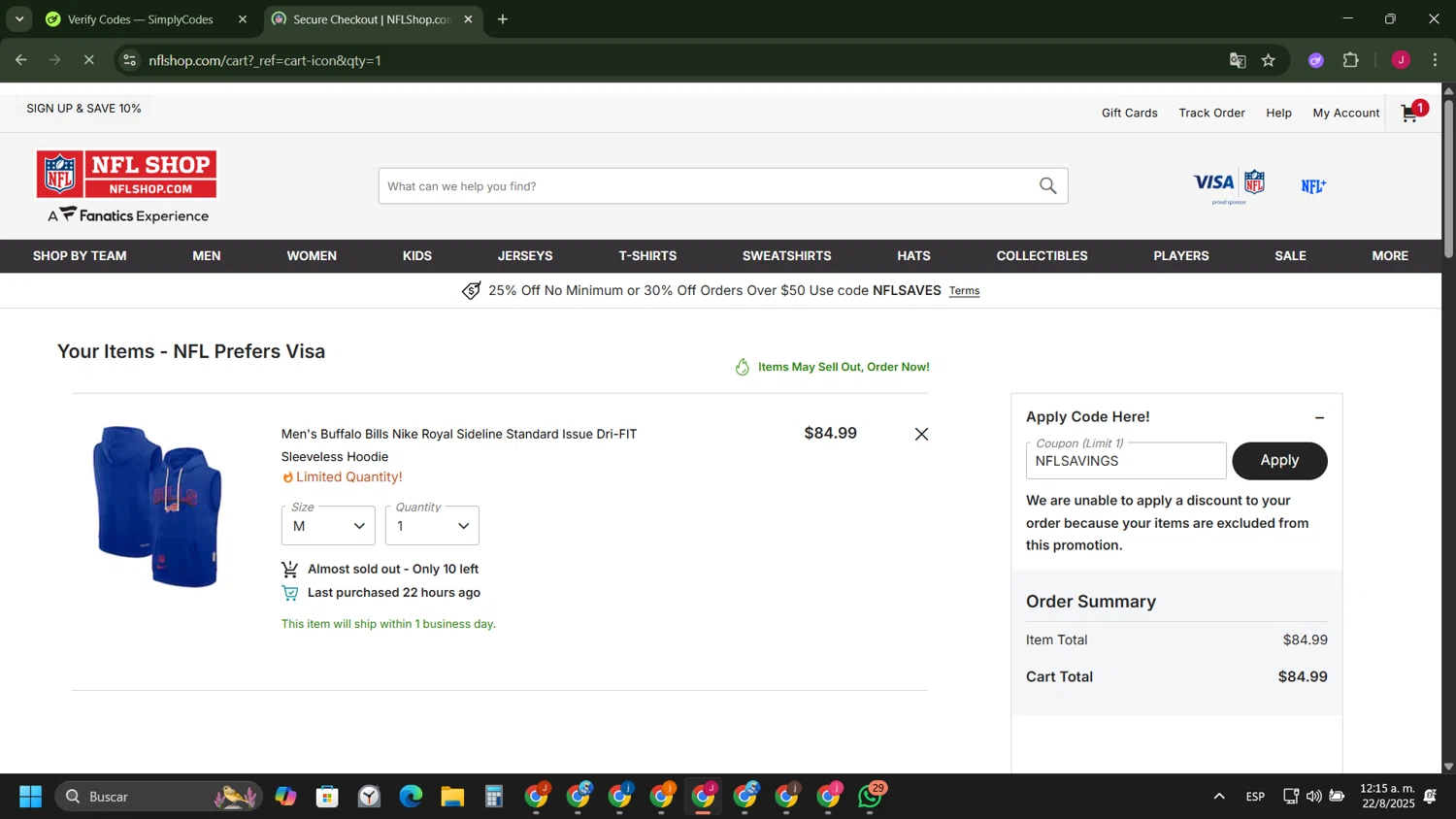 New York Giants promo code screenshot showing code NFLSAVINGS applied at New York Giants checkout page. Uploaded by SimplyCodes community member FrugalFinder745 on Aug 22, 2025
