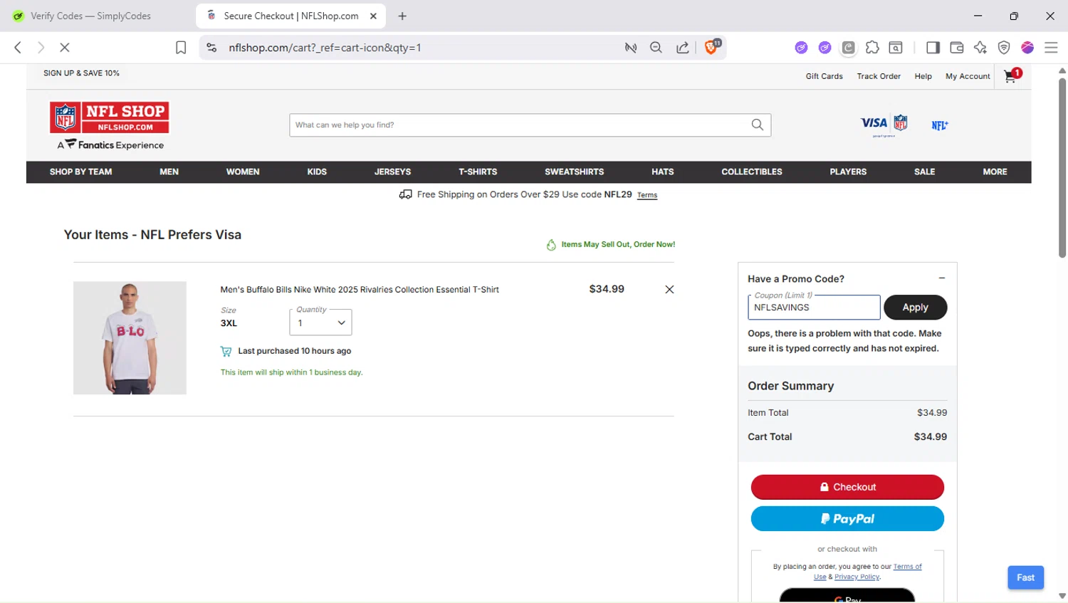 New York Giants promo code screenshot showing code NFLSAVINGS applied at New York Giants checkout page. Uploaded by SimplyCodes community member SapeGato on Sep 20, 2025