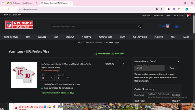 New York Giants checkout page showing New York Giants promo code box | Screenshot taken by SimplyCodes community member on Sep 5, 2025