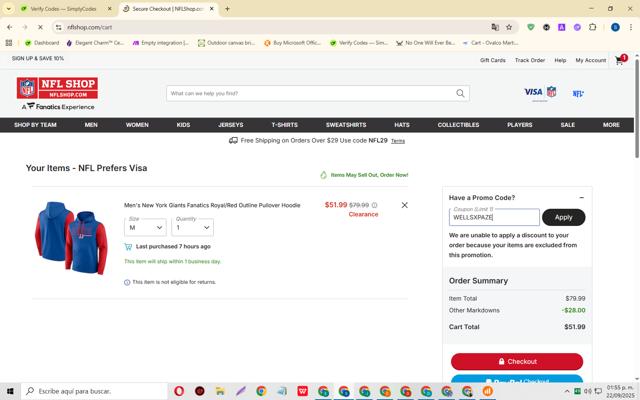 New York Giants checkout page showing New York Giants promo code box | Screenshot taken by SimplyCodes community member on Sep 22, 2025