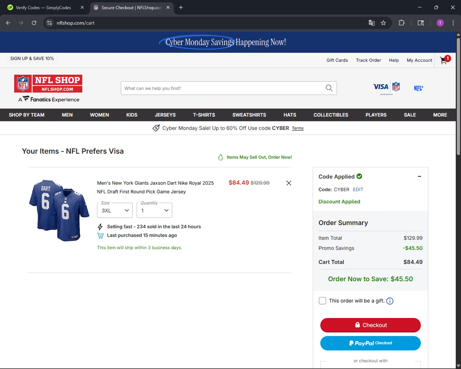 New York Giants promo code screenshot showing code CYBER applied at New York Giants checkout page. Uploaded by SimplyCodes community member CleverFinder9623 on Nov 30, 2025