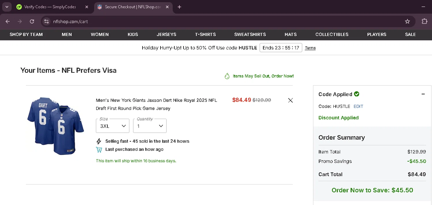 New York Giants promo code screenshot showing code HUSTLE applied at New York Giants checkout page. Uploaded by SimplyCodes community member EnmanuelEDITOR on Dec 10, 2025