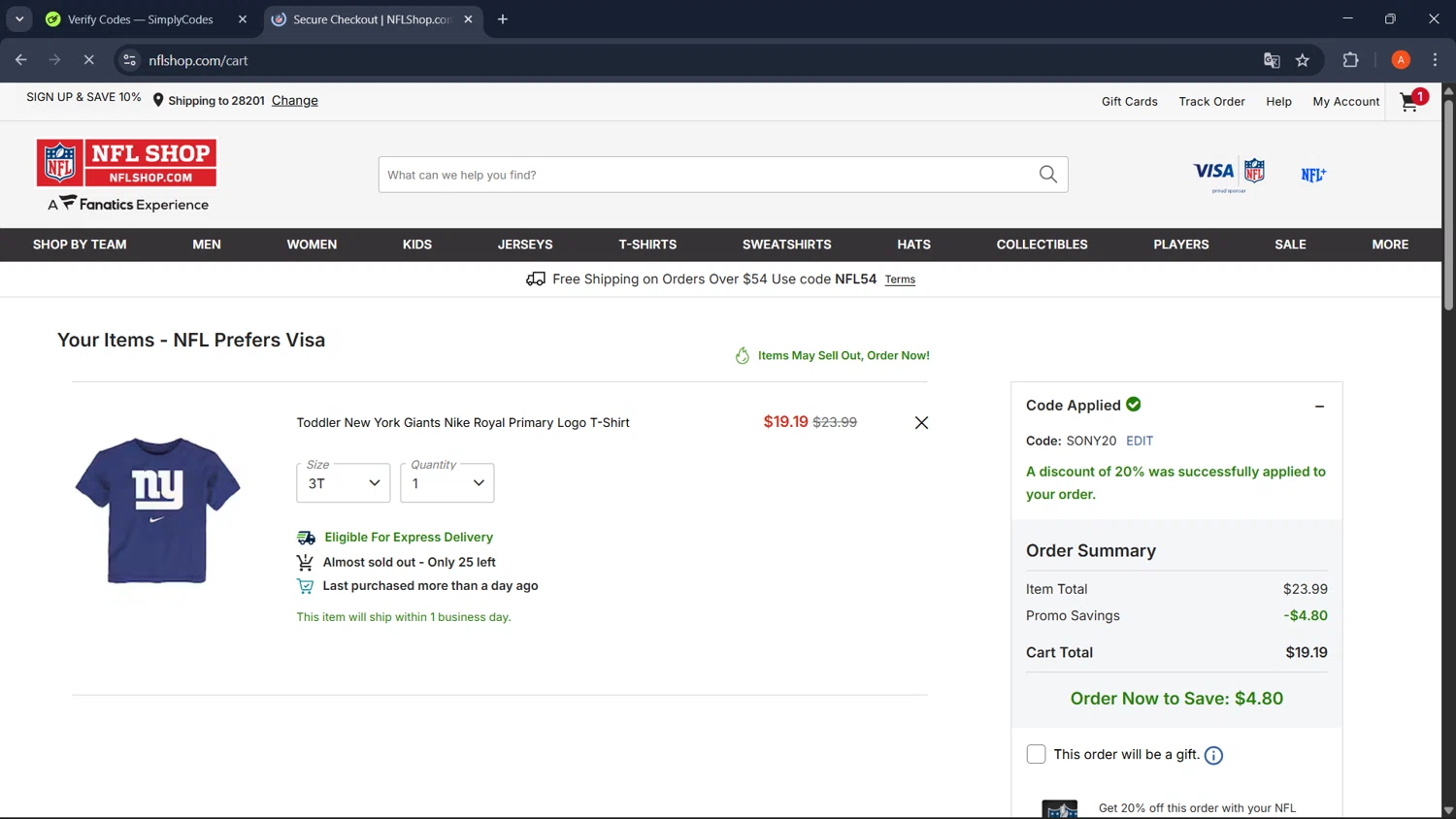 New York Giants checkout page showing New York Giants promo code box | Screenshot taken by SimplyCodes community member on Feb 22, 2026