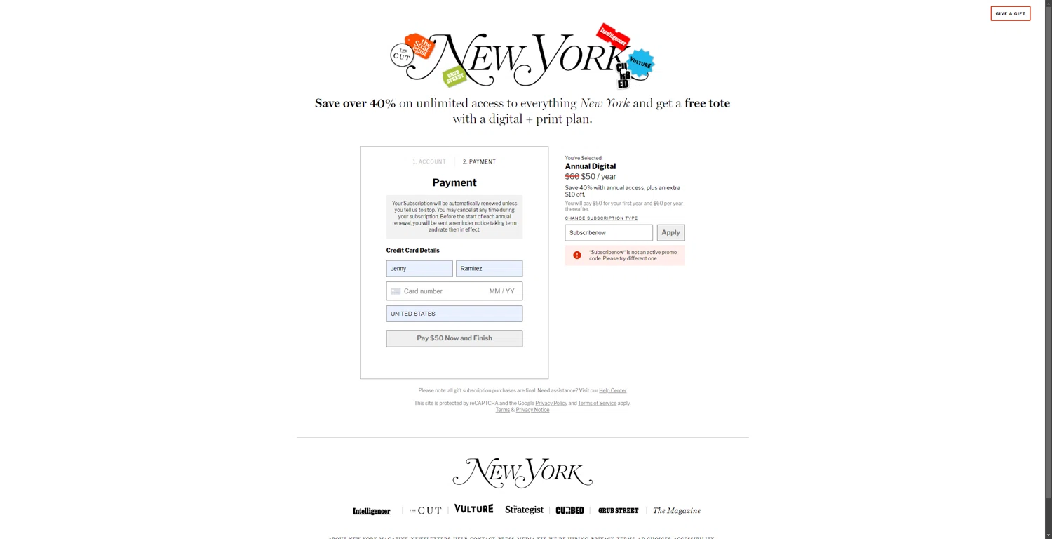 New York Magazine promo code screenshot showing code Subscribenow applied at New York Magazine checkout page. Uploaded by SimplyCodes community member 1323535 on Jan 10, 2025