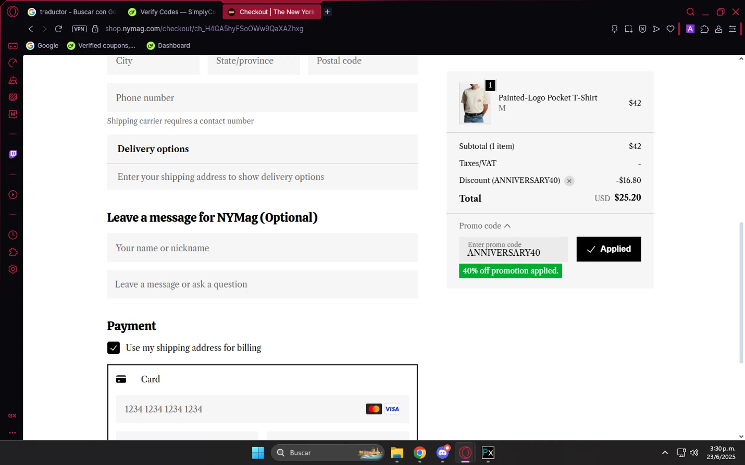 New York Magazine promo code screenshot showing code ANNIVERSARY40 applied at New York Magazine checkout page. Uploaded by SimplyCodes community member LuckyVoyager5522 on Jun 23, 2025