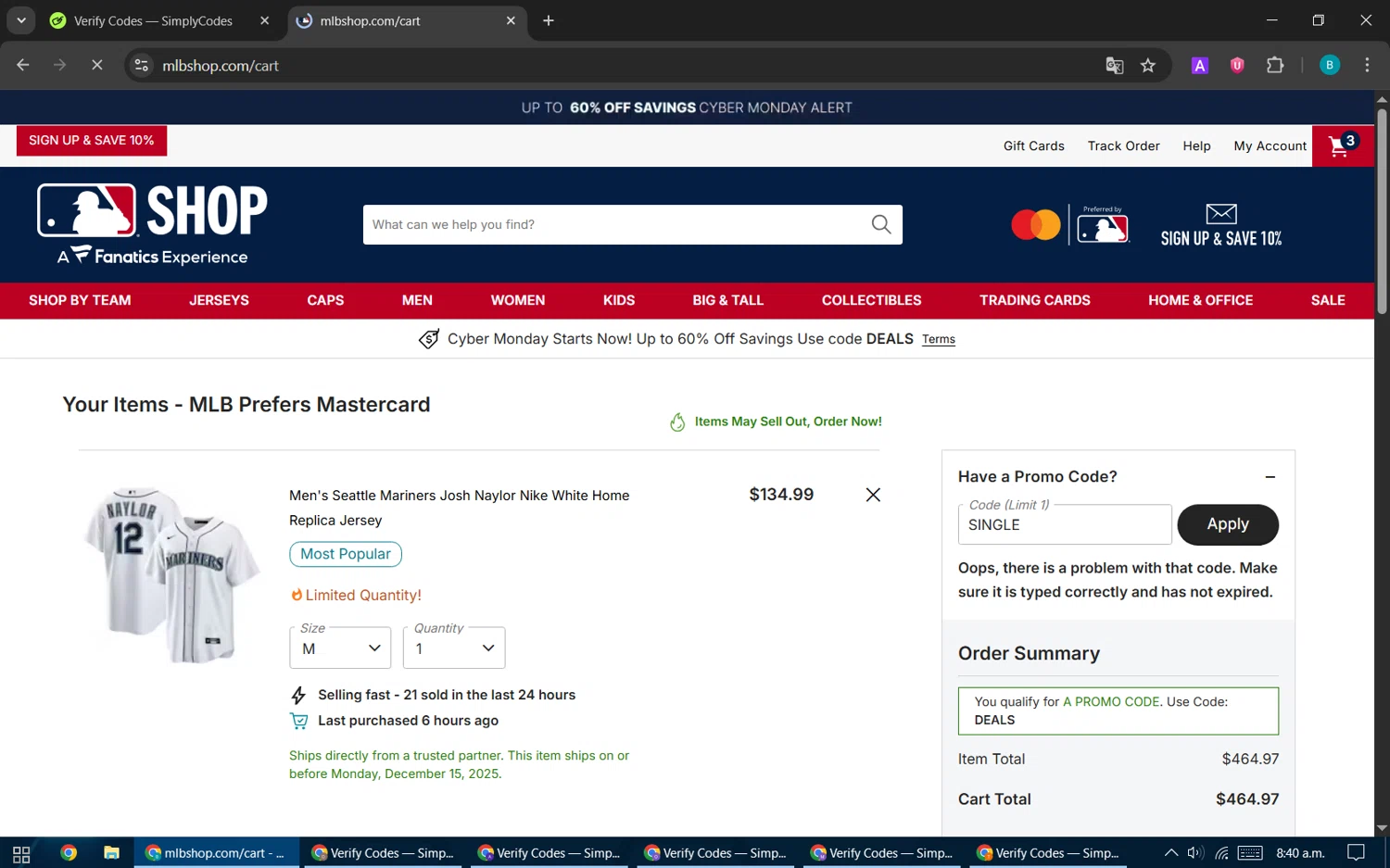 New York Mets promo code screenshot showing code single applied at New York Mets checkout page. Uploaded by SimplyCodes community member CleverPilot5845 on Nov 30, 2025