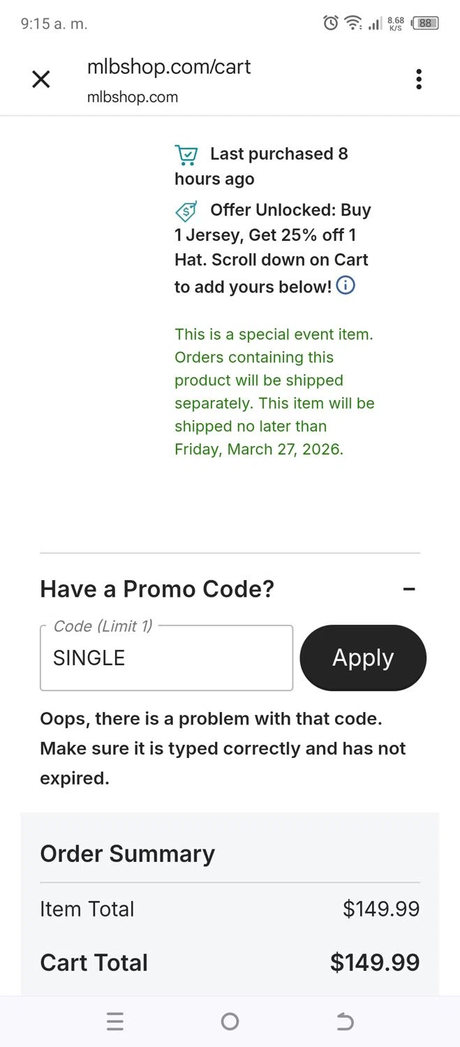 New York Mets promo code screenshot showing code single applied at New York Mets checkout page. Uploaded by SimplyCodes community member MoneyRanger9663 on Feb 16, 2026