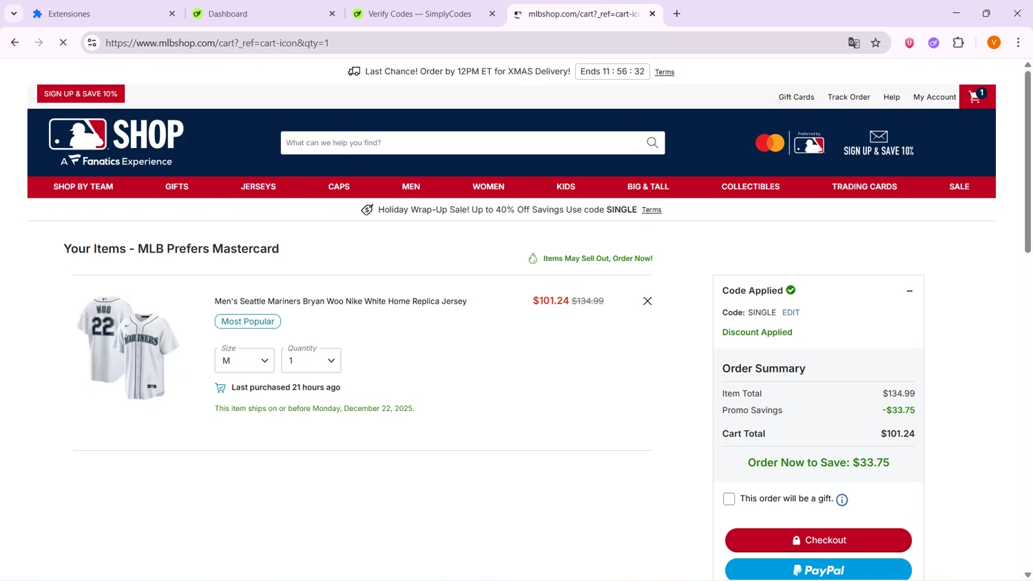 New York Mets promo code screenshot showing code single applied at New York Mets checkout page. Uploaded by SimplyCodes community member VoucherShopper4674 on Dec 22, 2025