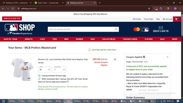 New York Mets checkout page showing New York Mets promo code box | Screenshot taken by SimplyCodes community member on Oct 1, 2025
