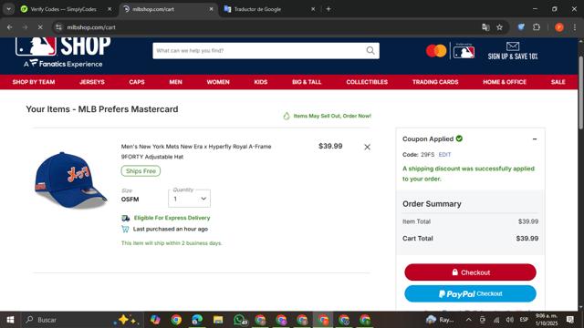 New York Mets checkout page showing New York Mets promo code box | Screenshot taken by SimplyCodes community member on Oct 1, 2025