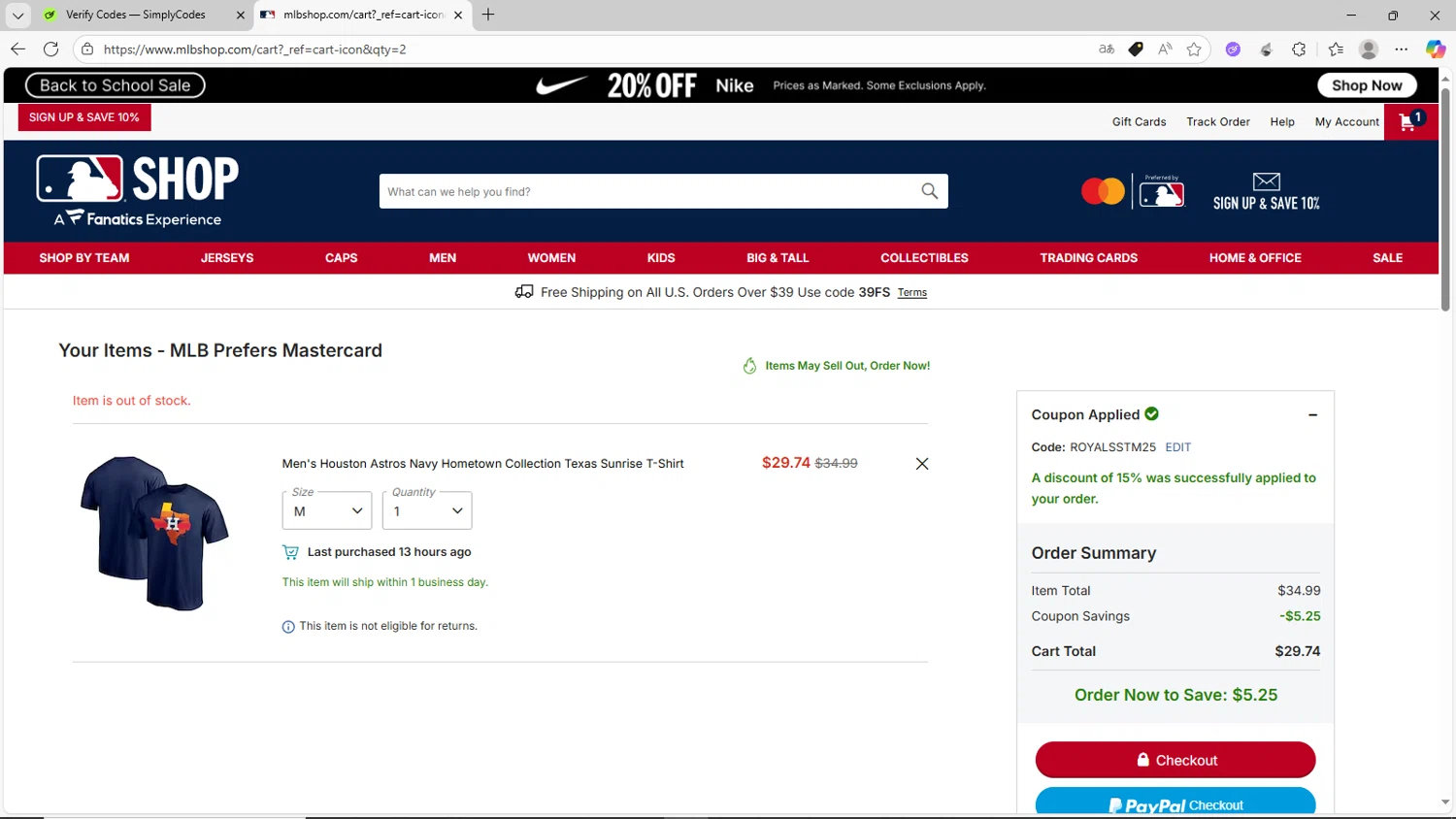 New York Mets promo code screenshot showing code ROYALSSTM25 applied at New York Mets checkout page. Uploaded by SimplyCodes community member CrownShopper2899 on Aug 4, 2025