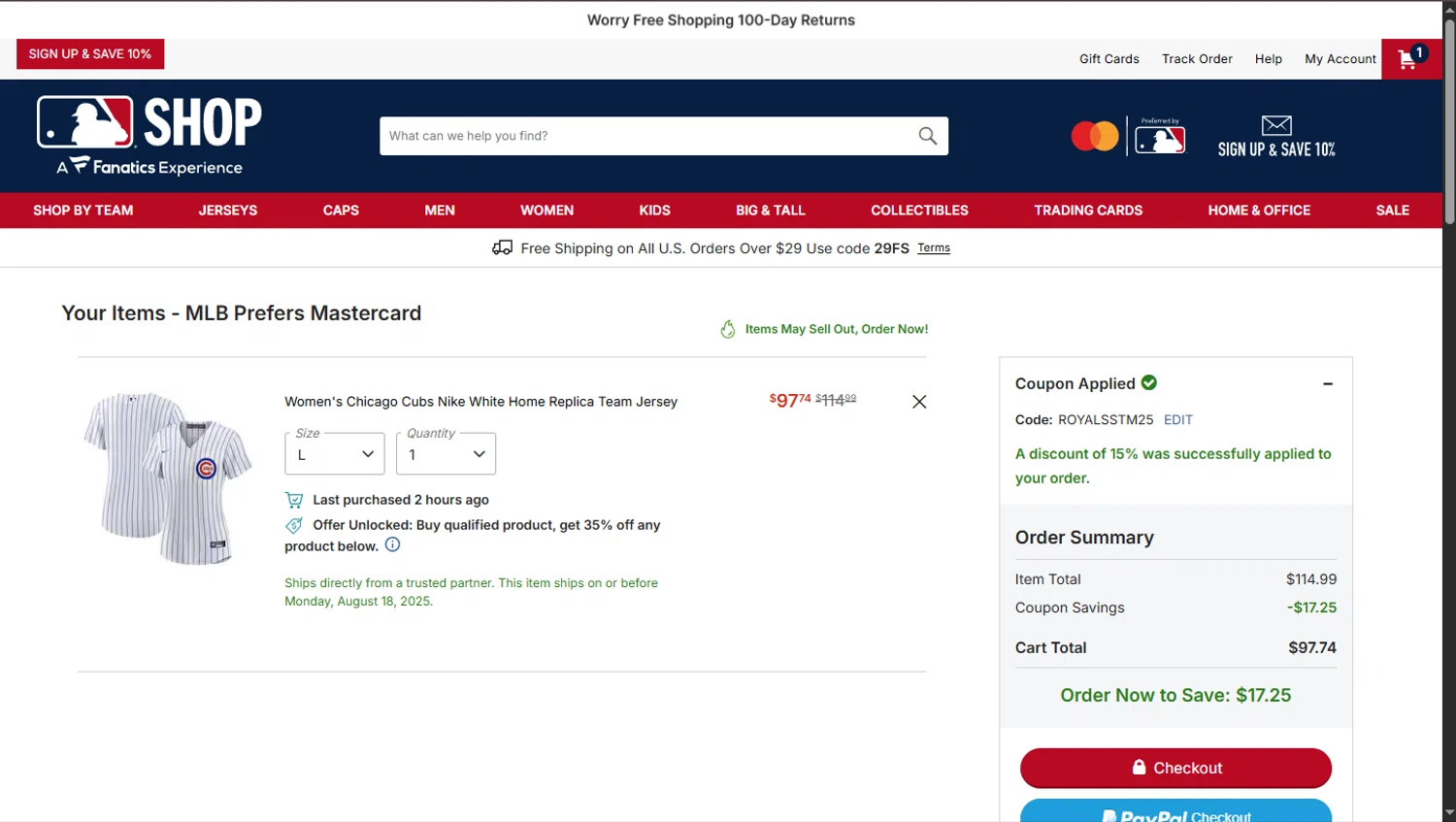 New York Mets promo code screenshot showing code ROYALSSTM25 applied at New York Mets checkout page. Uploaded by SimplyCodes community member TokioMiller on Aug 16, 2025