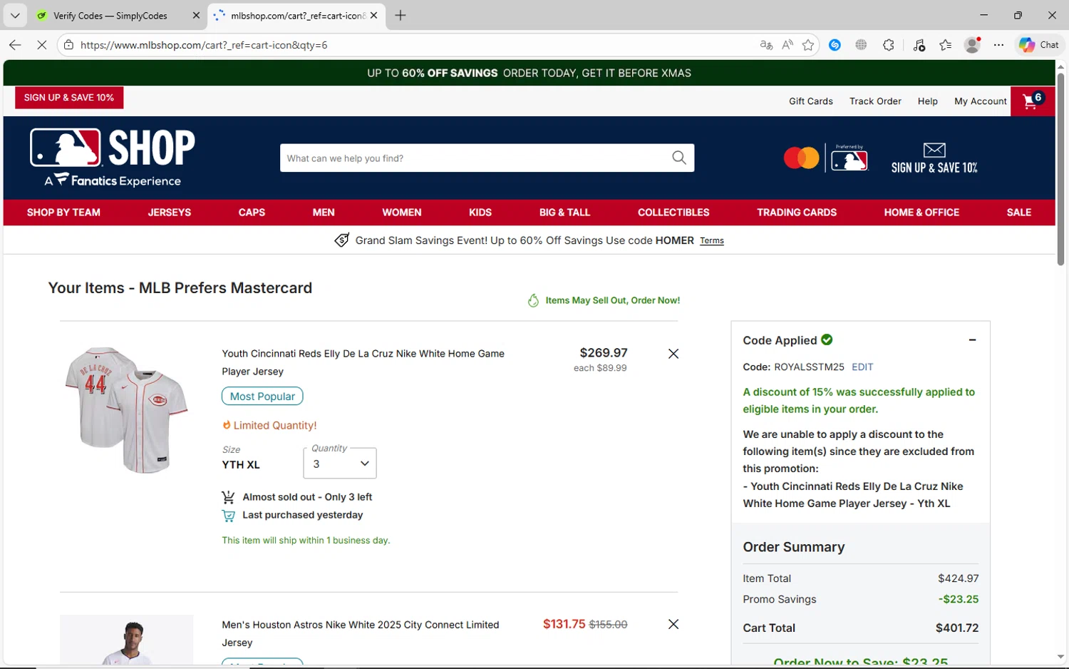 New York Mets promo code screenshot showing code ROYALSSTM25 applied at New York Mets checkout page. Uploaded by SimplyCodes community member jechtff10 on Dec 12, 2025