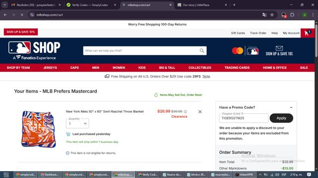 New York Mets checkout page showing New York Mets promo code box | Screenshot taken by SimplyCodes community member on Sep 9, 2025