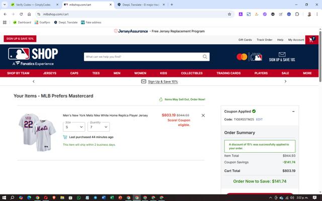 New York Mets checkout page showing New York Mets promo code box | Screenshot taken by SimplyCodes community member on Oct 1, 2025