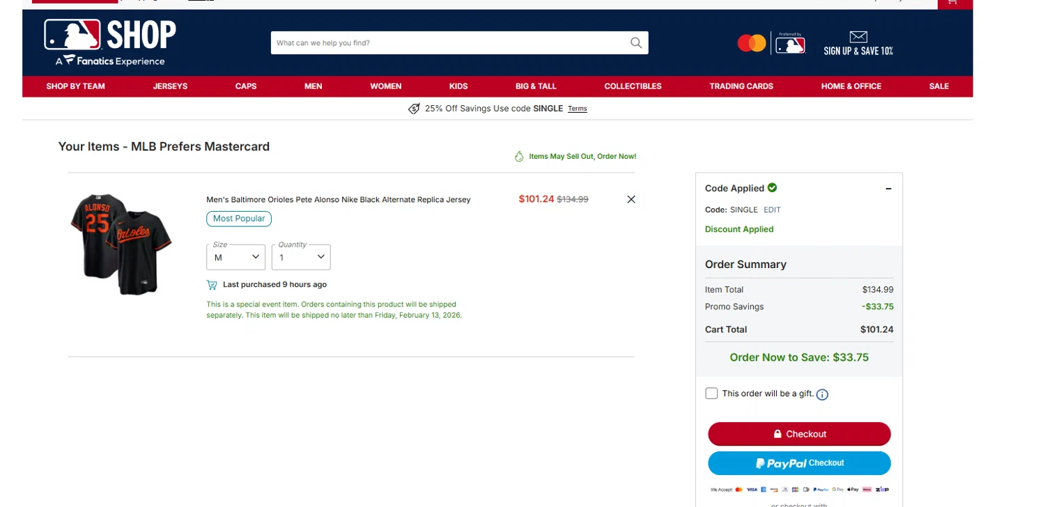 New York Mets promo code screenshot showing code SINGLE applied at New York Mets checkout page. Uploaded by SimplyCodes community member Dulce__ on Jan 15, 2026