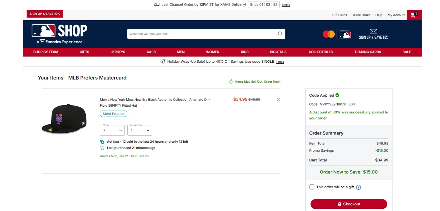 New York Mets promo code screenshot showing code MVPYVZ2N8P7K applied at New York Mets checkout page. Uploaded by SimplyCodes community member OnlywM on Dec 22, 2025