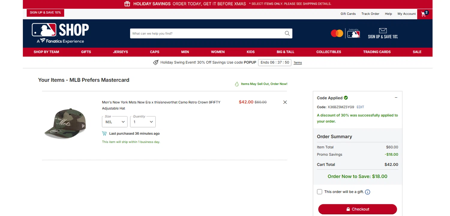 New York Mets promo code screenshot showing code X36BZ5MZ5YG9 applied at New York Mets checkout page. Uploaded by SimplyCodes community member OnlywM on Dec 18, 2025