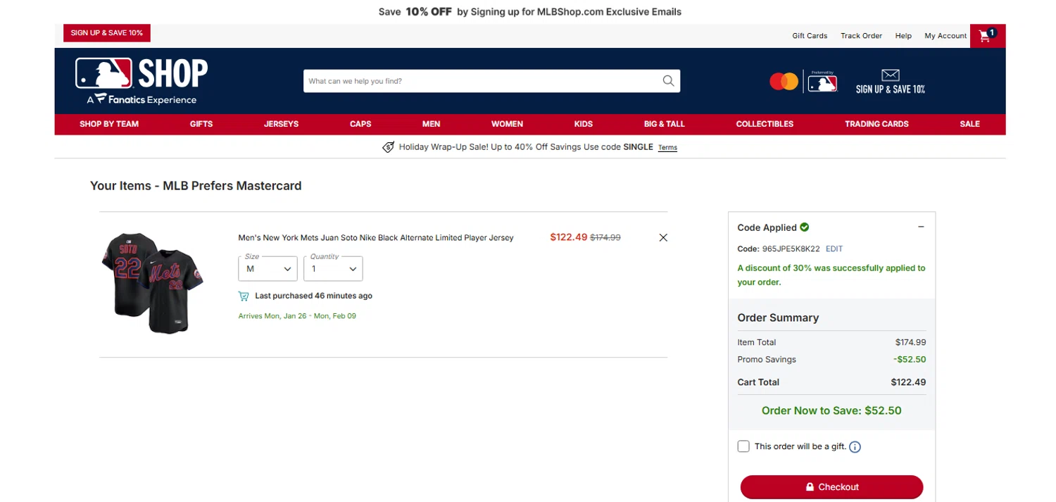 New York Mets promo code screenshot showing code 965JPE5K8K22 applied at New York Mets checkout page. Uploaded by SimplyCodes community member OnlywM on Dec 26, 2025