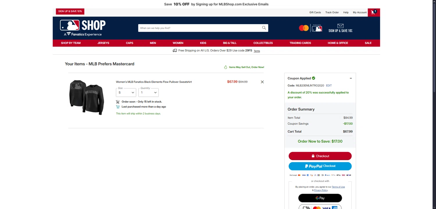 New York Mets promo code screenshot showing code MLB20EMLINTRO2020 applied at New York Mets checkout page. Uploaded by SimplyCodes community member User404 on Aug 11, 2025