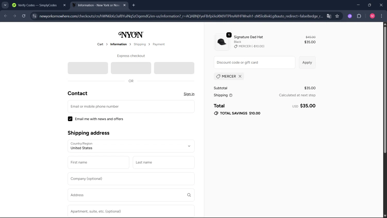 New York or Nowhere discount code screenshot showing code MERCER applied at New York or Nowhere checkout page. Uploaded by SimplyCodes community member ValueCollector4159 on Dec 19, 2025