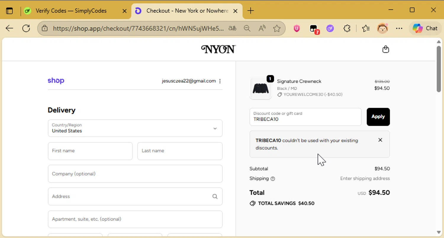 New York or Nowhere discount code screenshot showing code TRIBECA10 applied at New York or Nowhere checkout page. Uploaded by SimplyCodes community member CleverAce742 on Dec 1, 2025