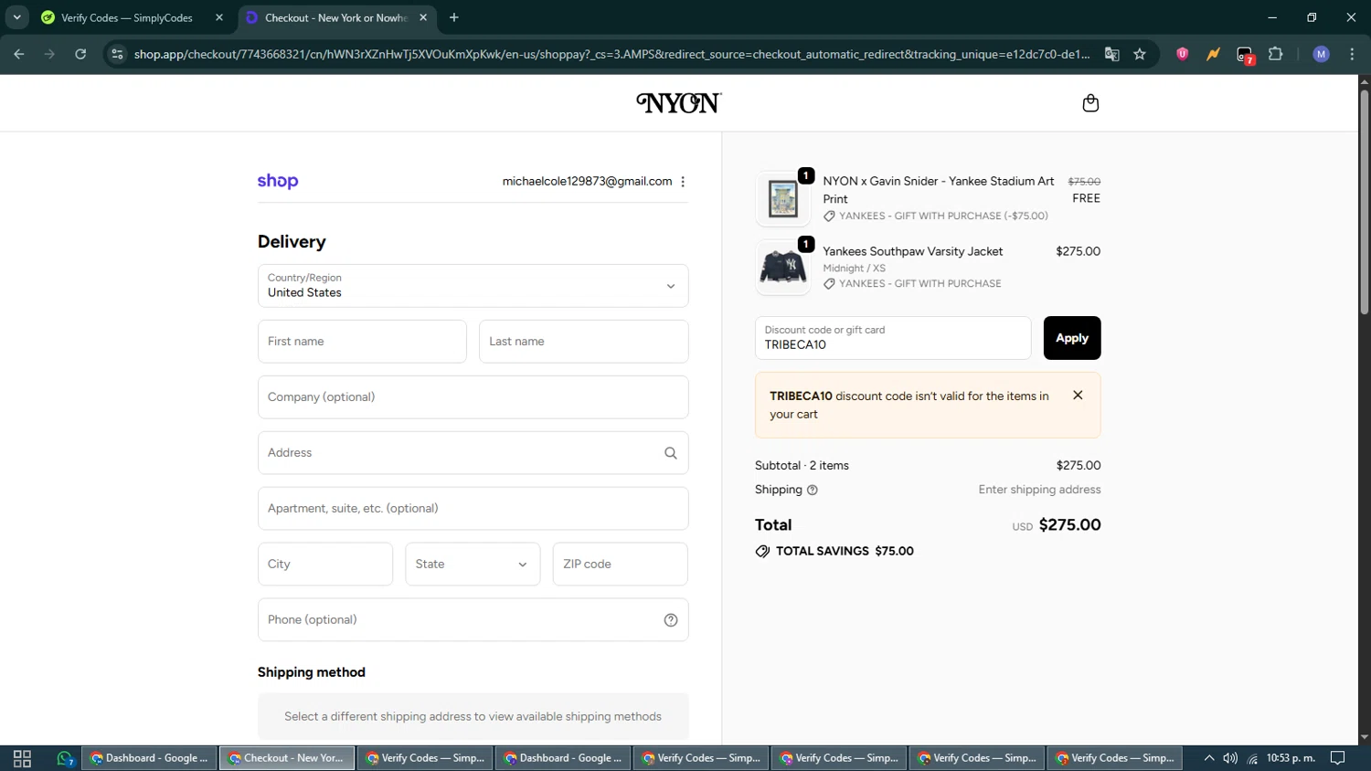 New York or Nowhere discount code screenshot showing code TRIBECA10 applied at New York or Nowhere checkout page. Uploaded by SimplyCodes community member VoucherCurator824 on Oct 8, 2025