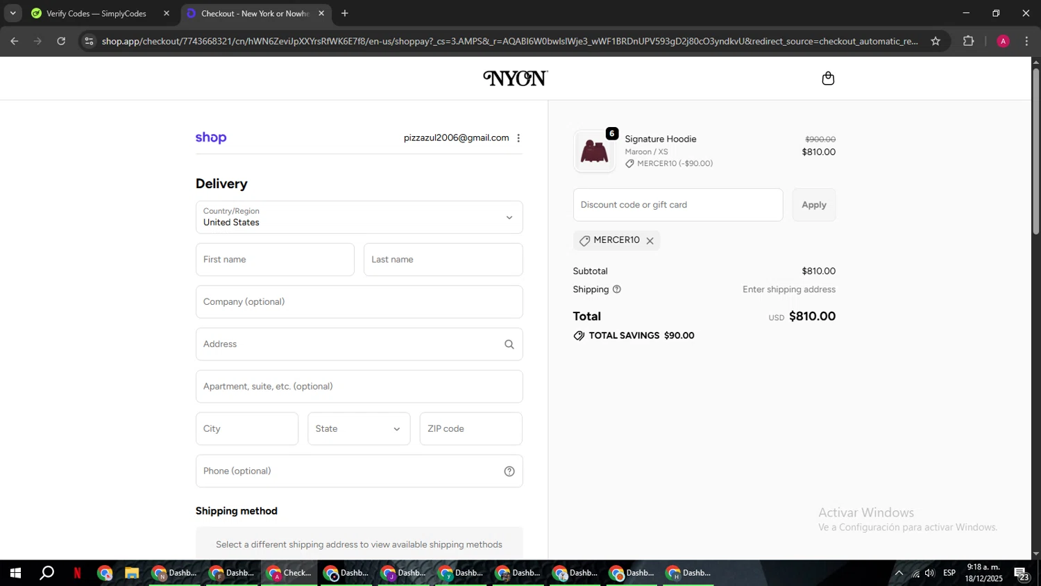 New York or Nowhere discount code screenshot showing code MERCER10 applied at New York or Nowhere checkout page. Uploaded by SimplyCodes community member BMWGS1200 on Dec 18, 2025