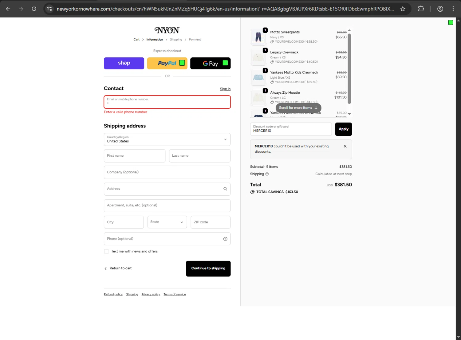 New York or Nowhere discount code screenshot showing code MERCER10 applied at New York or Nowhere checkout page. Uploaded by SimplyCodes community member artritis on Dec 1, 2025