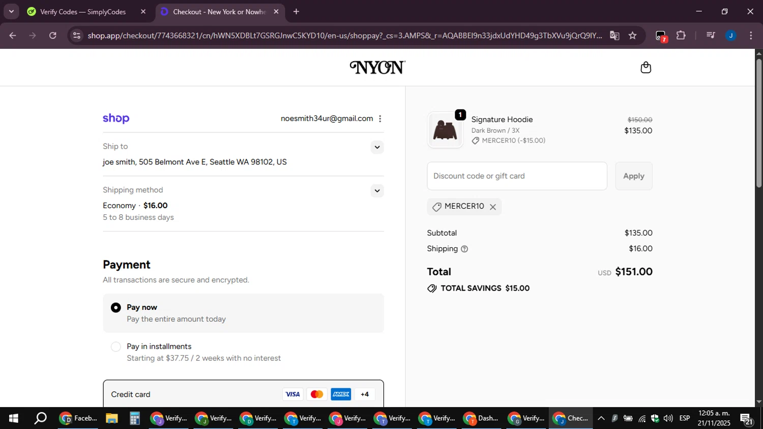 New York or Nowhere discount code screenshot showing code MERCER10 applied at New York or Nowhere checkout page. Uploaded by SimplyCodes community member noesmith34ur on Nov 21, 2025