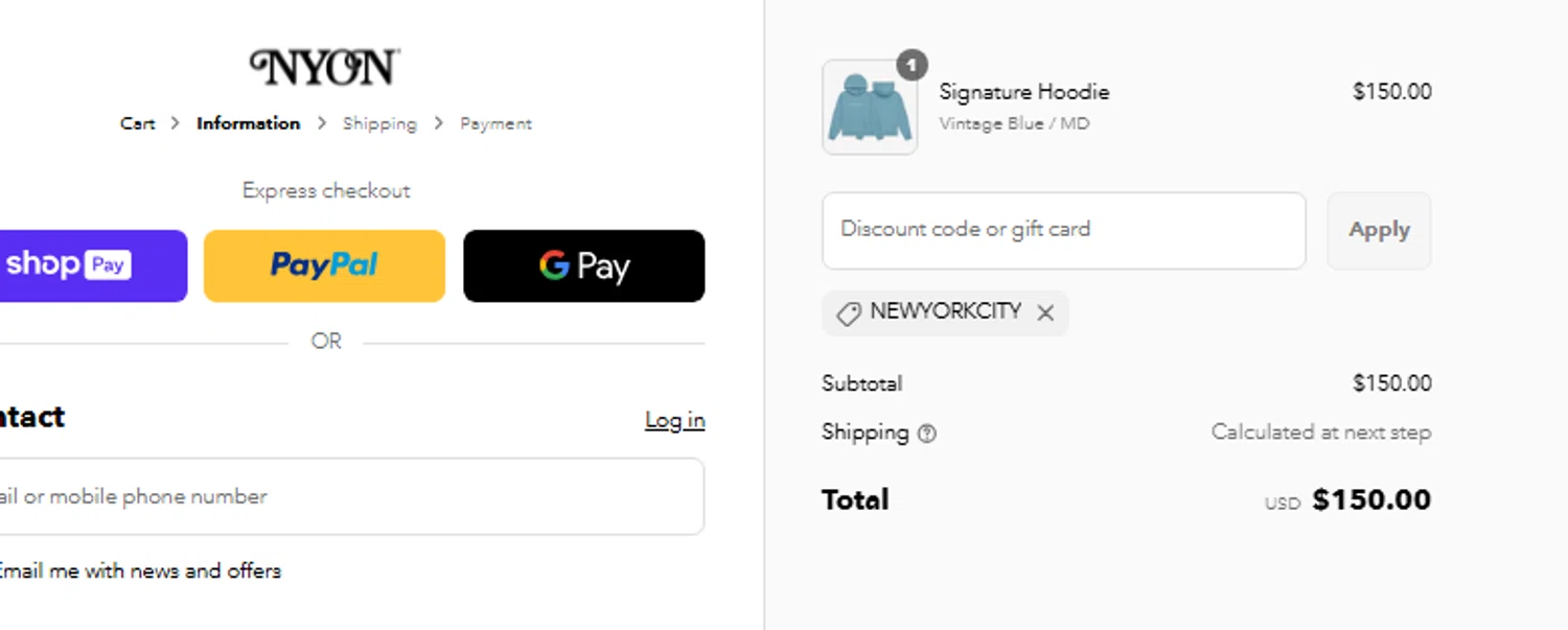 New York or Nowhere discount code screenshot showing code NEWYORKCITY applied at New York or Nowhere checkout page. Uploaded by SimplyCodes community member CouponLion324 on Jul 7, 2025