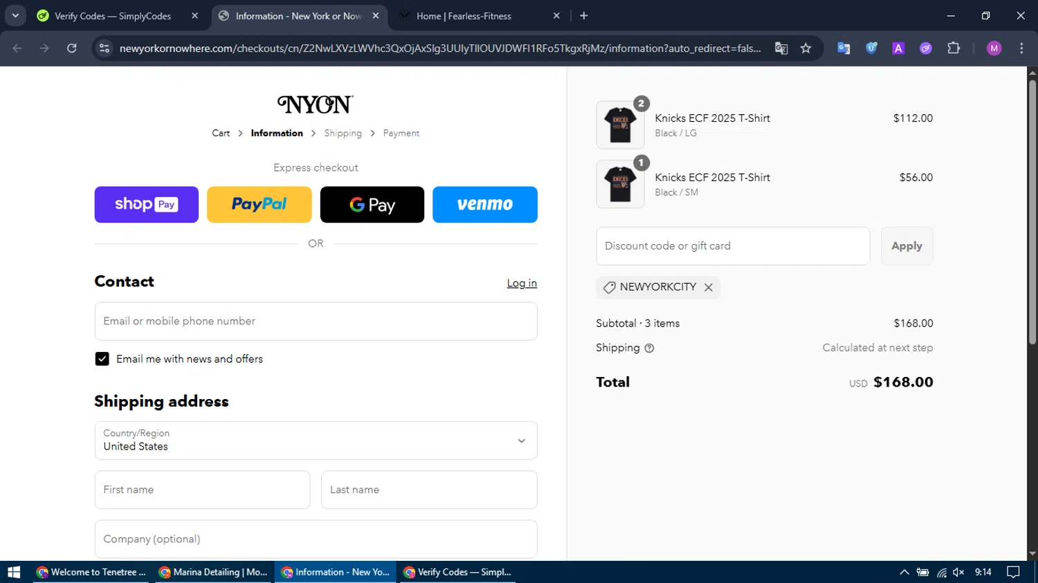 New York or Nowhere discount code screenshot showing code NEWYORKCITY applied at New York or Nowhere checkout page. Uploaded by SimplyCodes community member MightyTracker1549 on Jun 8, 2025