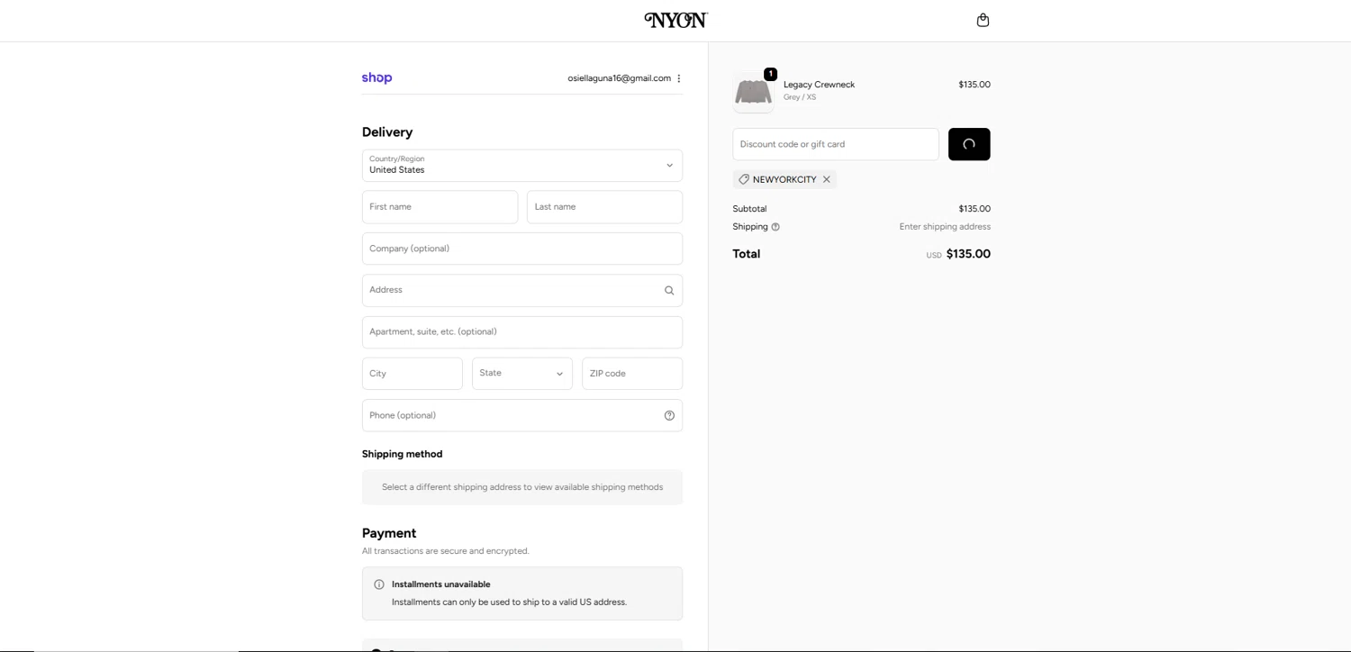 New York or Nowhere discount code screenshot showing code NEWYORKCITY applied at New York or Nowhere checkout page. Uploaded by SimplyCodes community member ishidashoya on Oct 28, 2025