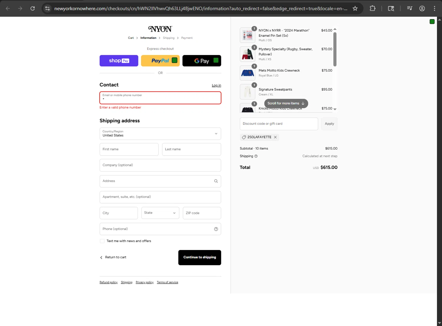 New York or Nowhere discount code screenshot showing code 250LAFAYETTE applied at New York or Nowhere checkout page. Uploaded by SimplyCodes community member zzzzzzza on Aug 28, 2025