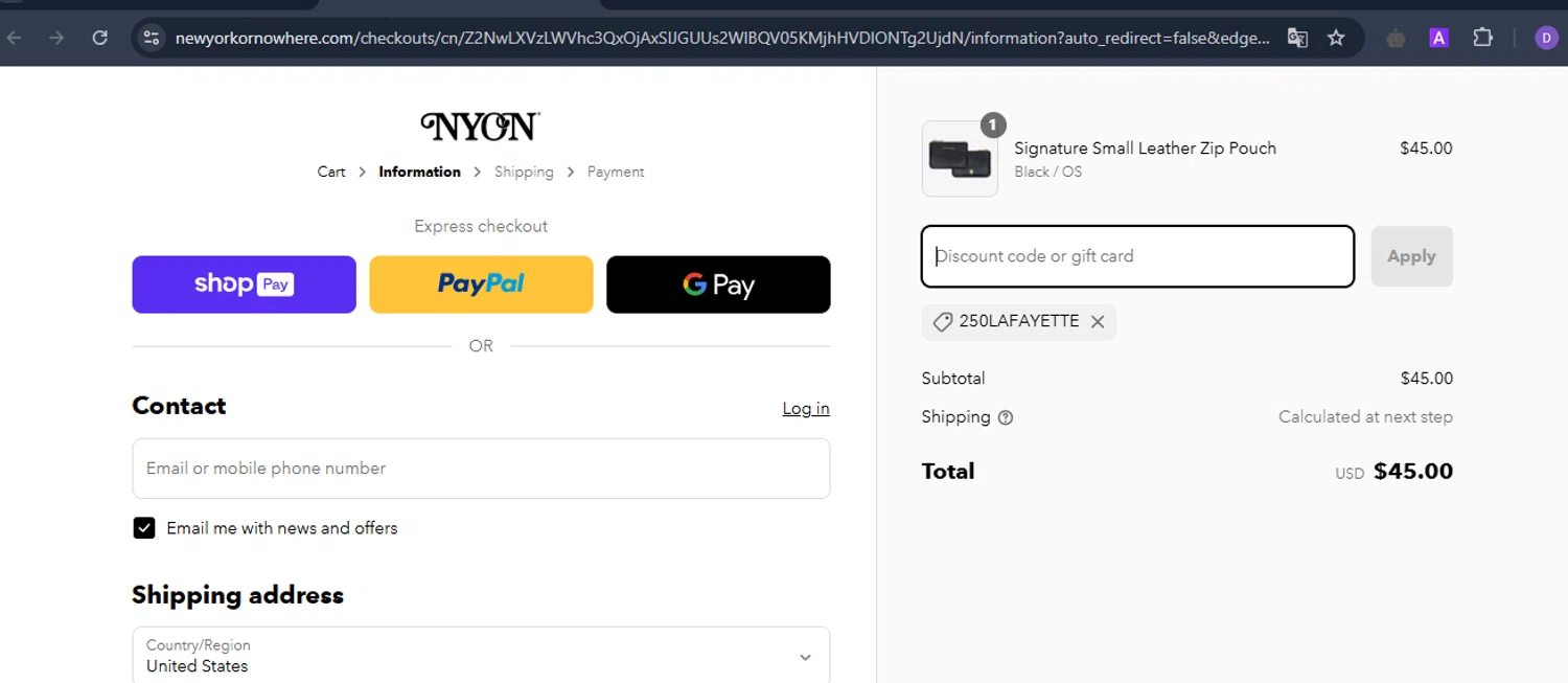 New York or Nowhere discount code screenshot showing code 250LAFAYETTE applied at New York or Nowhere checkout page. Uploaded by SimplyCodes community member ShieldCurator2100 on Apr 10, 2025