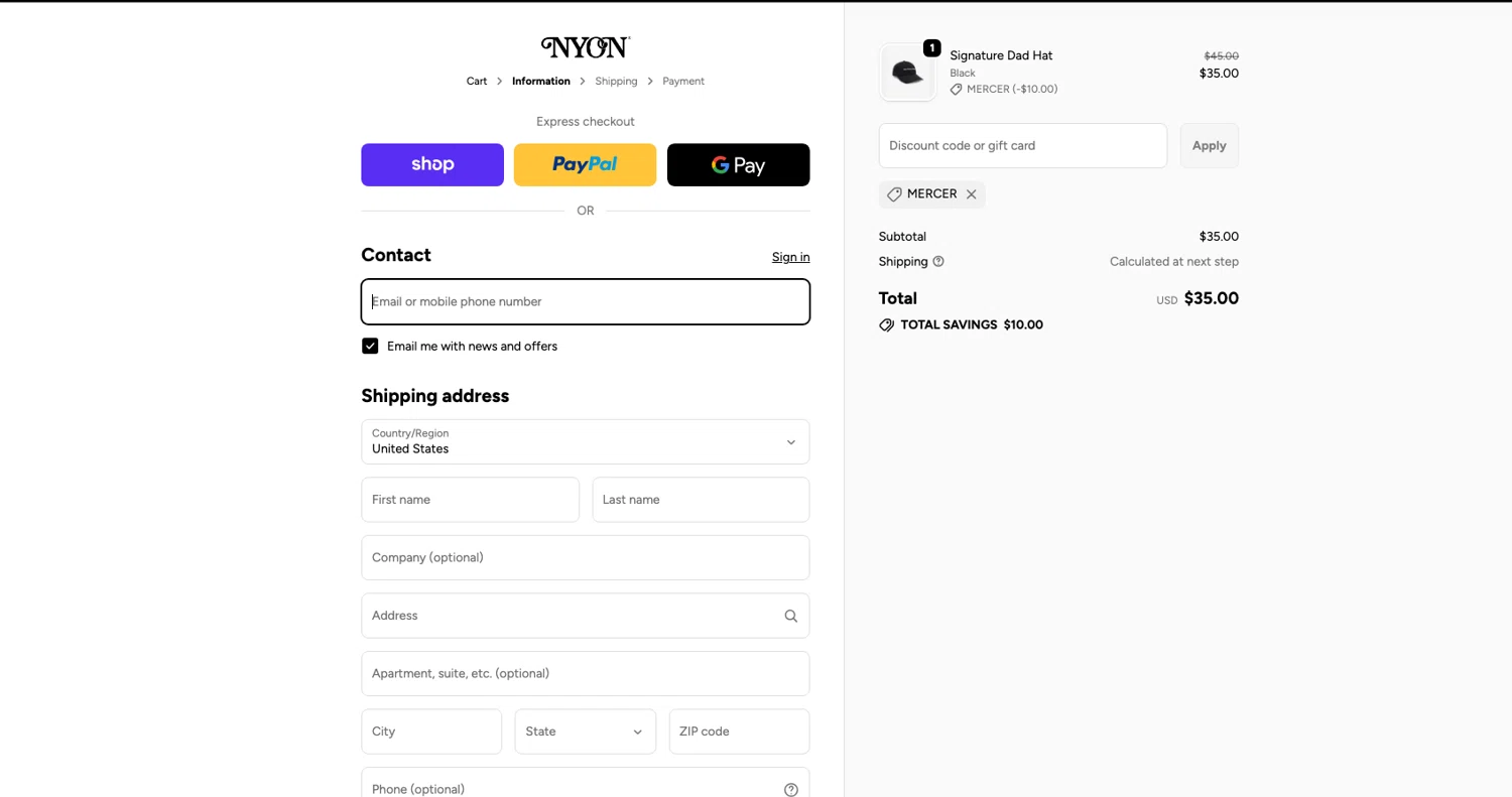 New York or Nowhere discount code screenshot showing code MERCER applied at New York or Nowhere checkout page. Uploaded by SimplyCodes community member ELOIN777 on Dec 19, 2025
