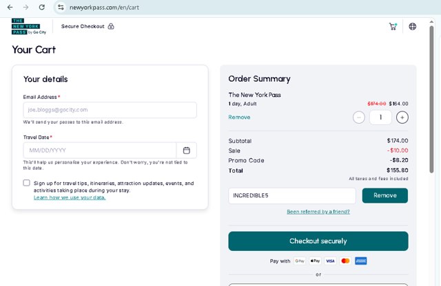 The New York Pass checkout page showing The New York Pass promo code box | Screenshot taken by SimplyCodes community member on Aug 1, 2025