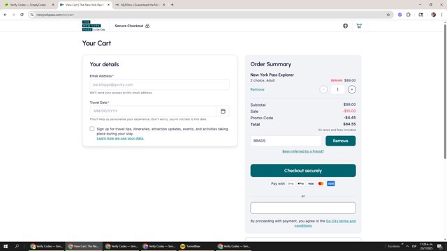 The New York Pass checkout page showing The New York Pass promo code box | Screenshot taken by SimplyCodes community member on Jul 23, 2025