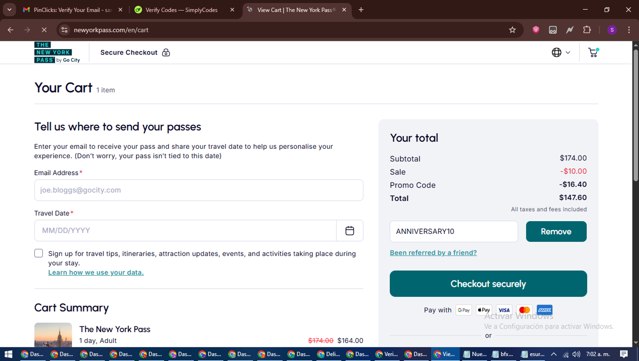 The New York Pass checkout page showing The New York Pass promo code box | Screenshot taken by SimplyCodes community member on Jul 2, 2025