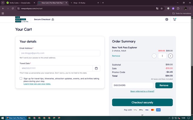 The New York Pass checkout page showing The New York Pass promo code box | Screenshot taken by SimplyCodes community member on Jul 23, 2025