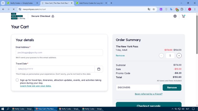The New York Pass checkout page showing The New York Pass promo code box | Screenshot taken by SimplyCodes community member on Aug 21, 2025