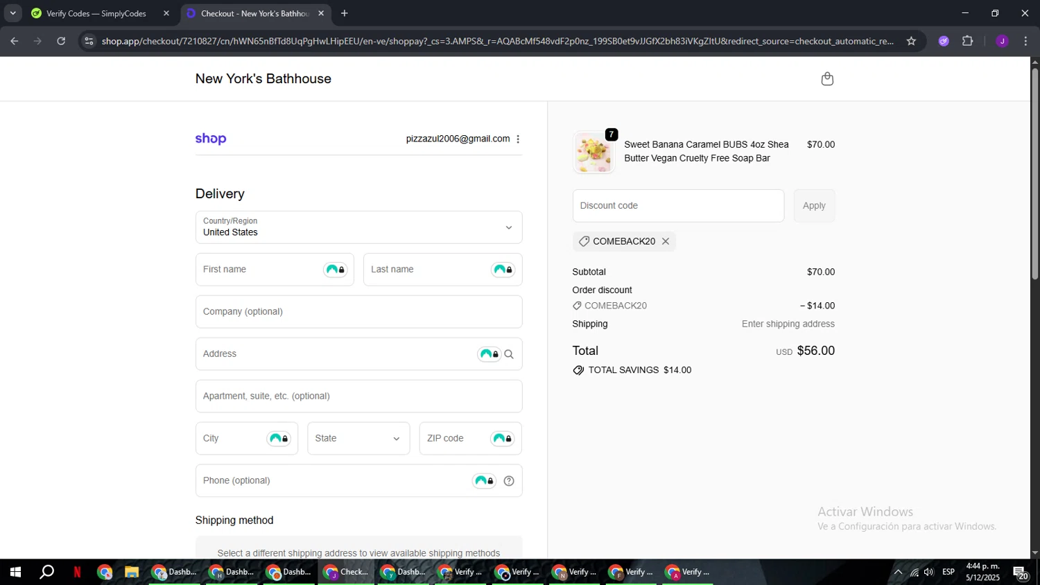 New York's Bathhouse promo code screenshot showing code COMEBACK20 applied at New York's Bathhouse checkout page. Uploaded by SimplyCodes community member ComeBurra123 on Dec 5, 2025