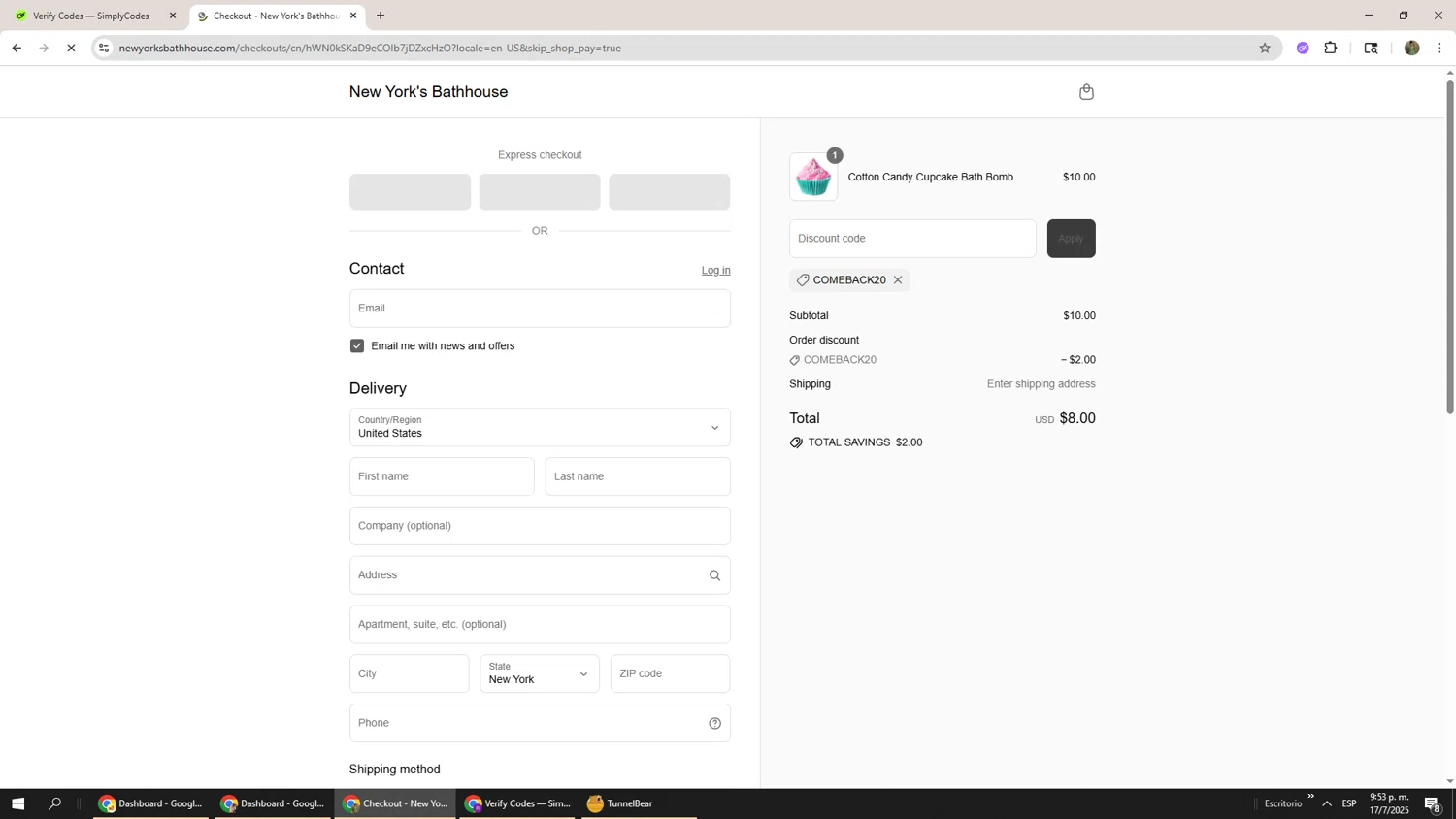 New York's Bathhouse promo code screenshot showing code COMEBACK20 applied at New York's Bathhouse checkout page. Uploaded by SimplyCodes community member Phoenix585 on Jul 18, 2025