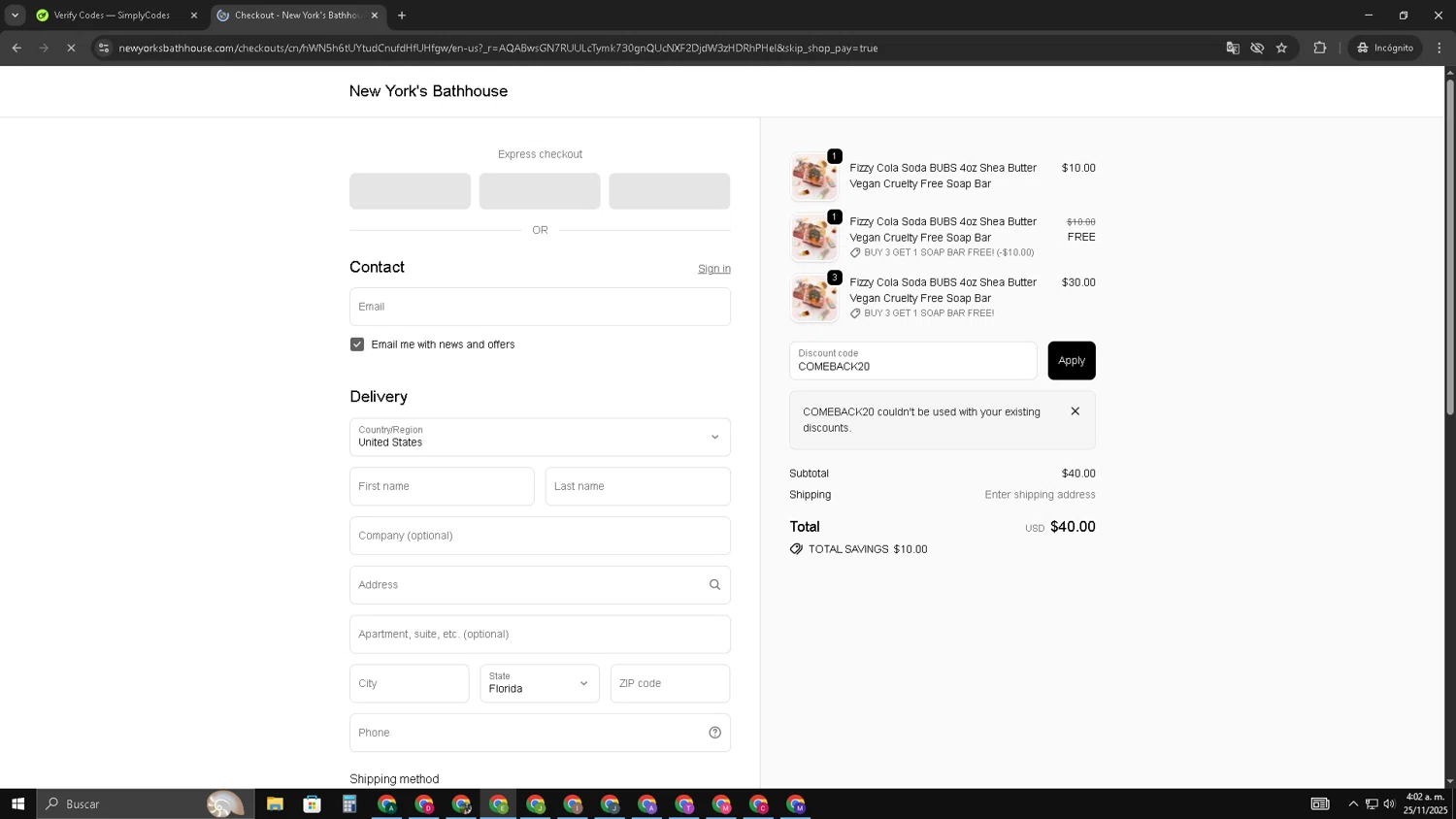 New York's Bathhouse promo code screenshot showing code COMEBACK20 applied at New York's Bathhouse checkout page. Uploaded by SimplyCodes community member SUZUKIV on Nov 25, 2025