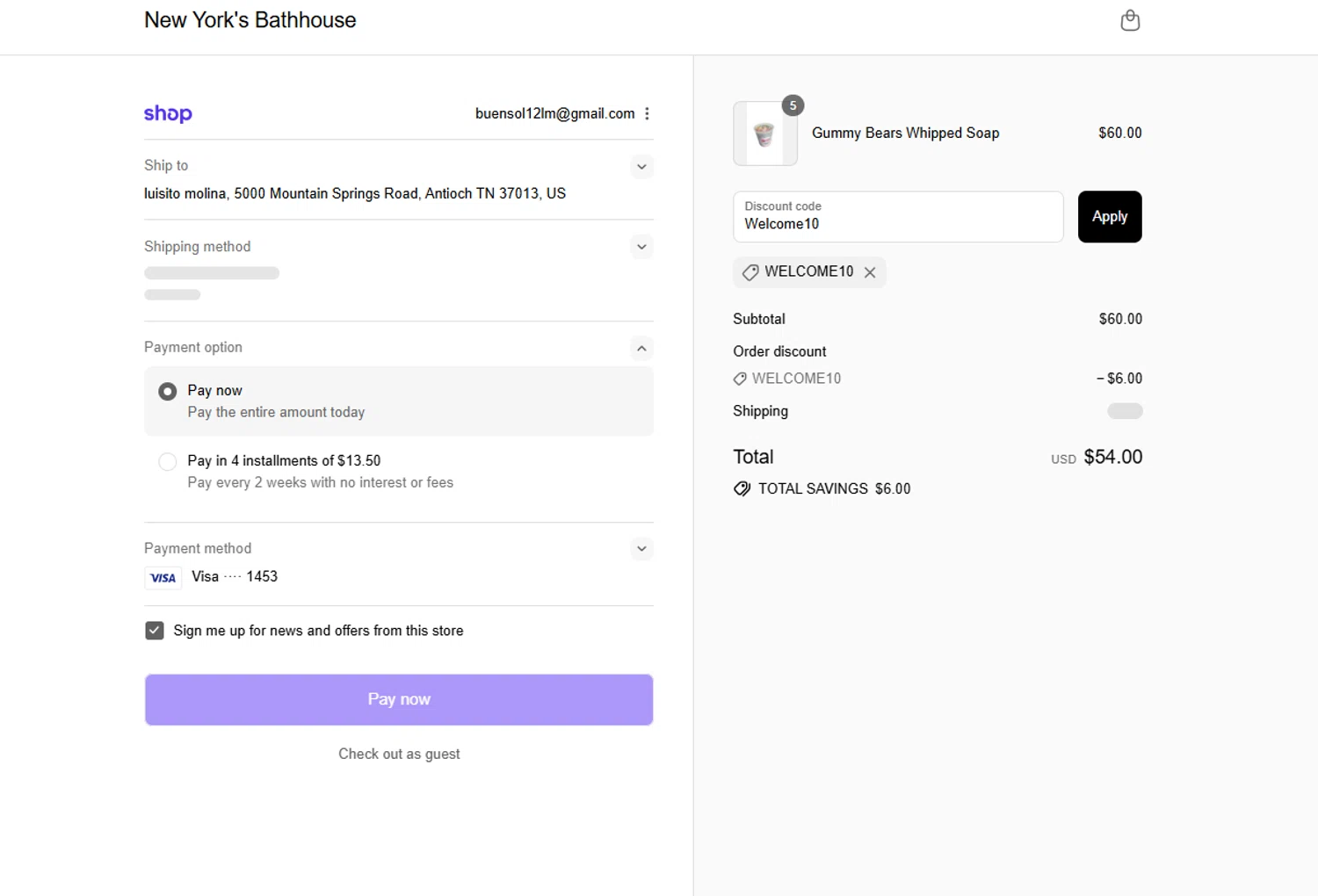 New York's Bathhouse promo code screenshot showing code Welcome10 applied at New York's Bathhouse checkout page. Uploaded by SimplyCodes community member CoinWhiz6239 on Sep 8, 2025