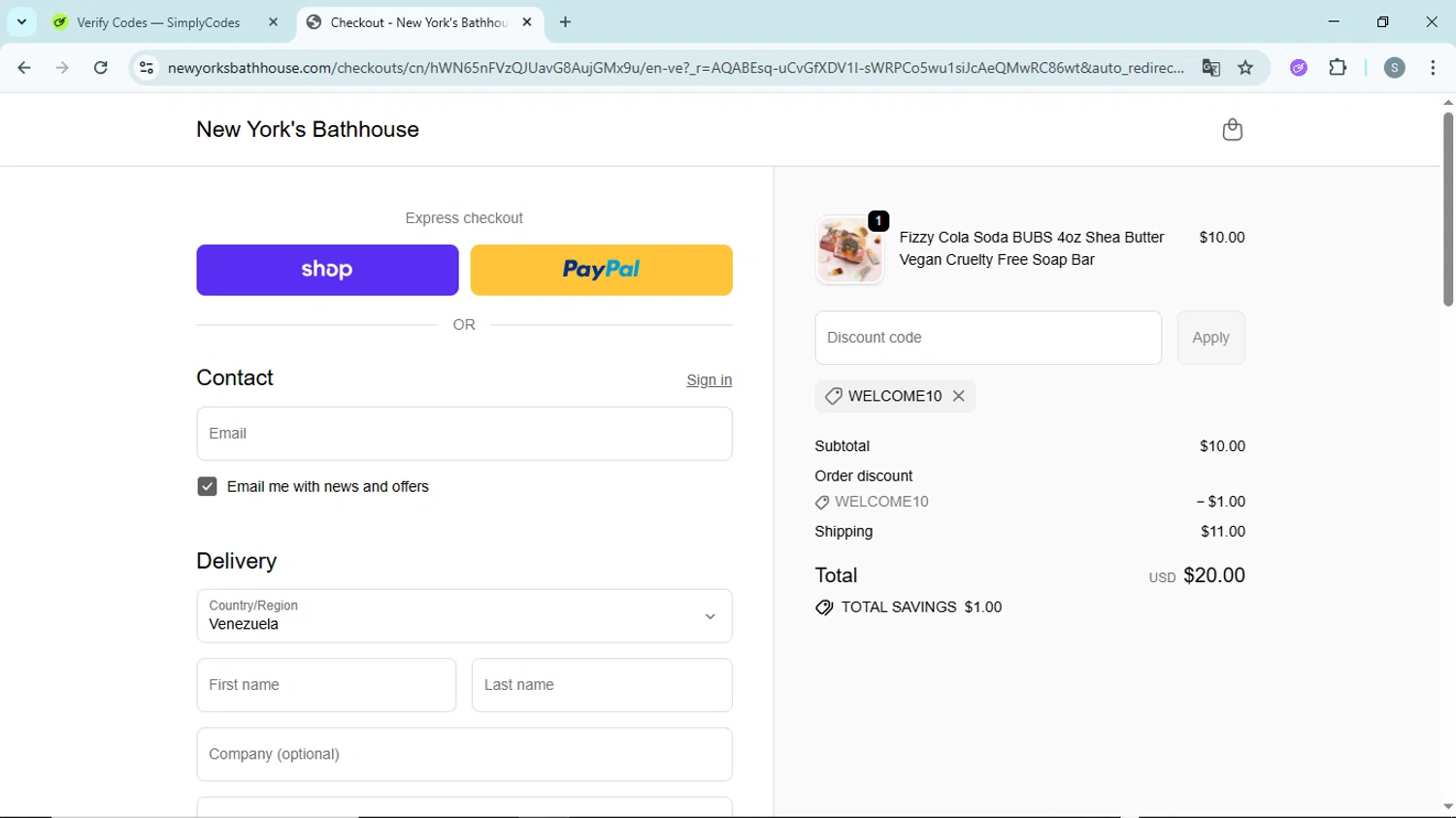 New York's Bathhouse promo code screenshot showing code Welcome10 applied at New York's Bathhouse checkout page. Uploaded by SimplyCodes community member EpicScholar6418 on Dec 5, 2025