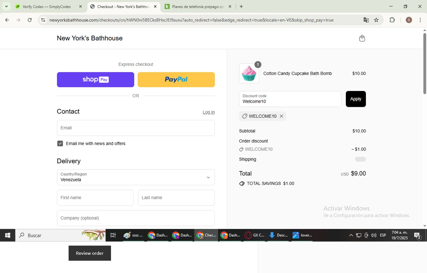 New York's Bathhouse promo code screenshot showing code Welcome10 applied at New York's Bathhouse checkout page. Uploaded by SimplyCodes community member WiseExpert2972 on Jul 19, 2025