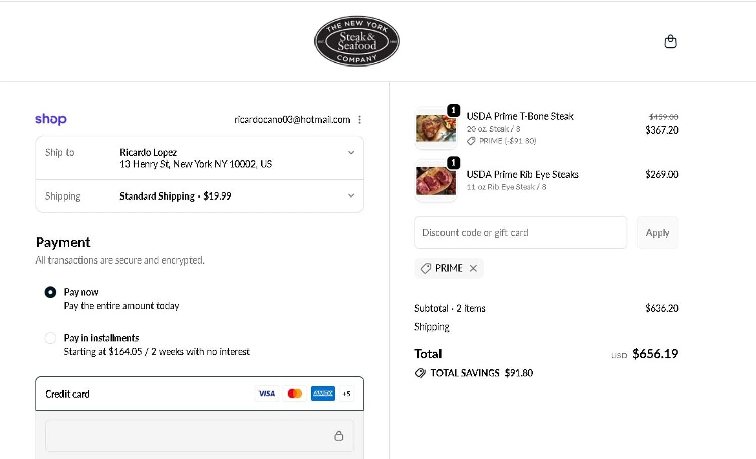 New York Steak & Seafood Company promo code screenshot showing code PRIME applied at New York Steak & Seafood Company checkout page. Uploaded by SimplyCodes community member LAMINEJAMAL on Jun 4, 2026