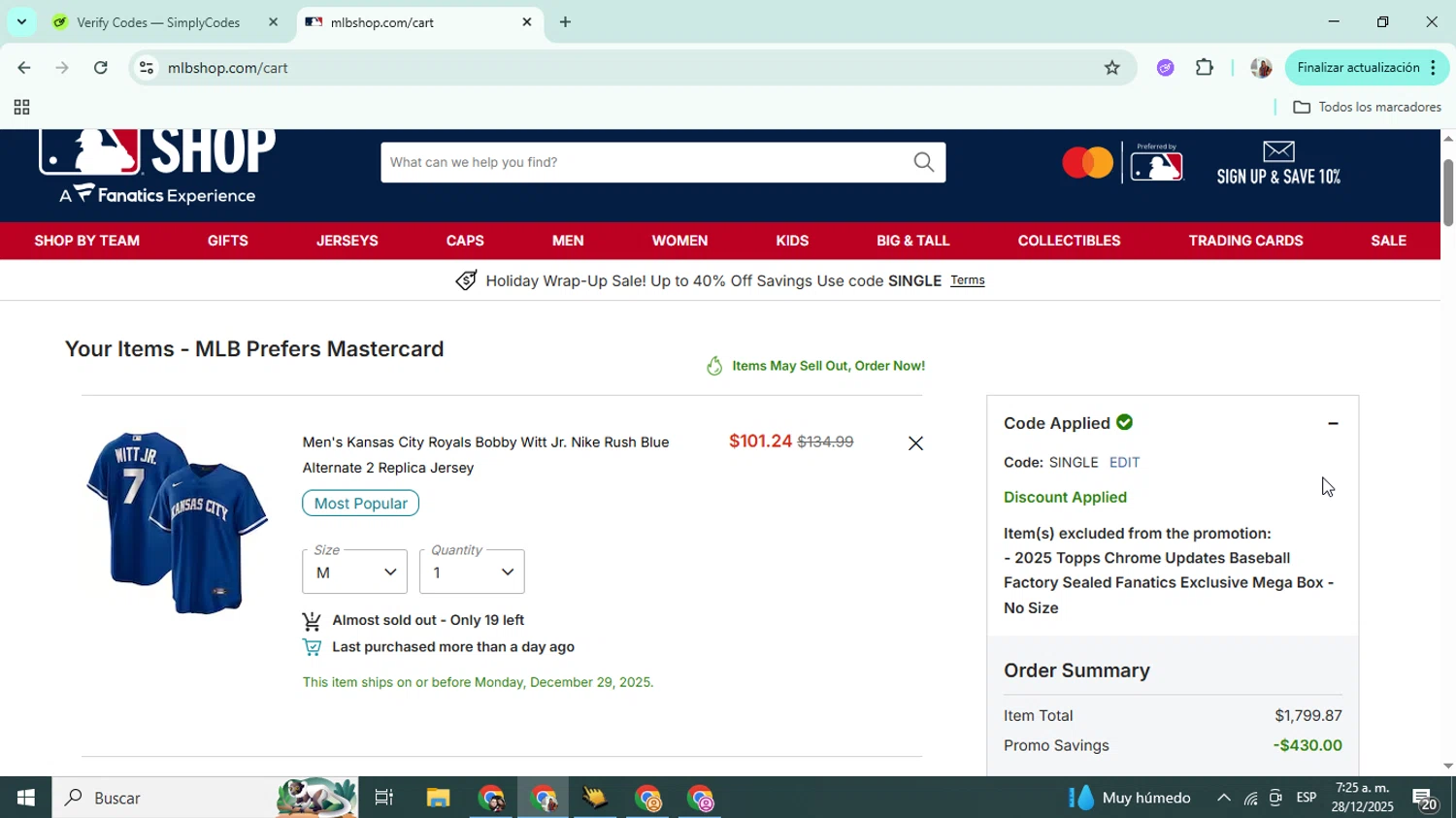 New York Yankees promo code screenshot showing code single applied at New York Yankees checkout page. Uploaded by SimplyCodes community member Mujerdejunnior on Dec 28, 2025