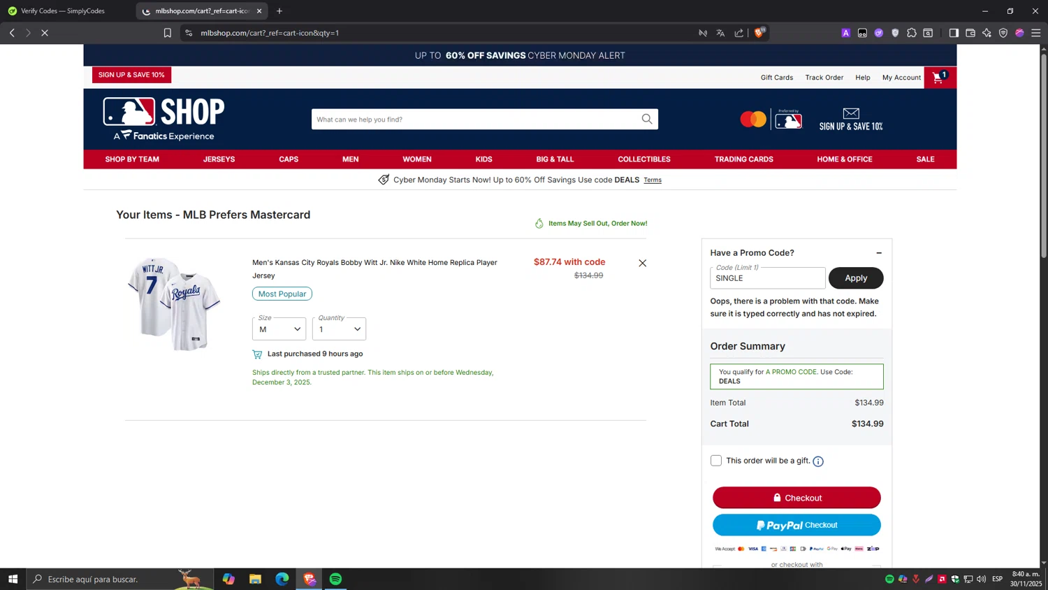 New York Yankees promo code screenshot showing code single applied at New York Yankees checkout page. Uploaded by SimplyCodes community member Tragedy on Nov 30, 2025